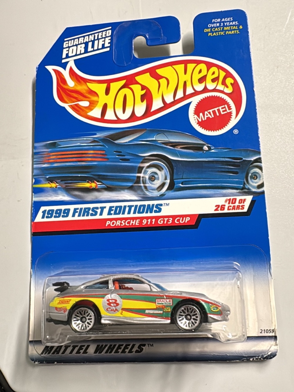 Hot Wheels Silver Porsche 911 GT3 Cup with Multicolor Racing Graphics